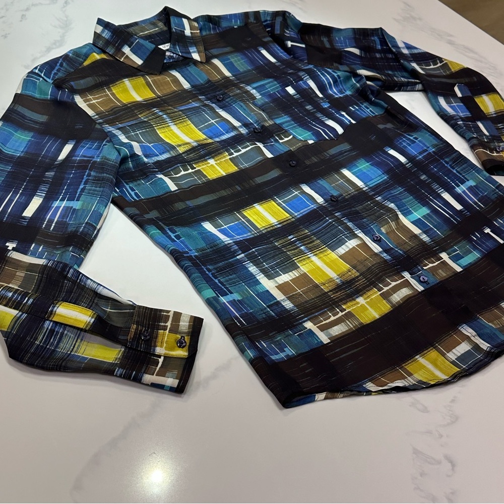TRINA TURK SIZE M~PLAID BLOUSE BUTTON UP SHIRT ~MULTI COLOR~GOES WITH EVERYTHING
